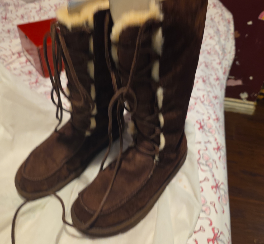 UGG Tall Lace-Up Brown Suede Boots with Shearling Trim